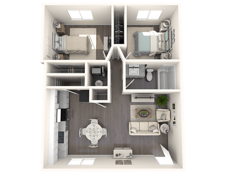 a 3d floor plan of a 2100 sq ft apartment at Mountain Run Apartments, Utah